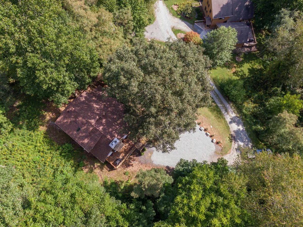 An exterior view featuring a peaceful backyard with a fire pit surrounded by seating, lush greenery, and the cabin in the background. The gravel path and large trees create a natural, inviting setting for outdoor gatherings. This area is perfect for transitioning from indoor fun to starlit evenings and s’mores by the fire.